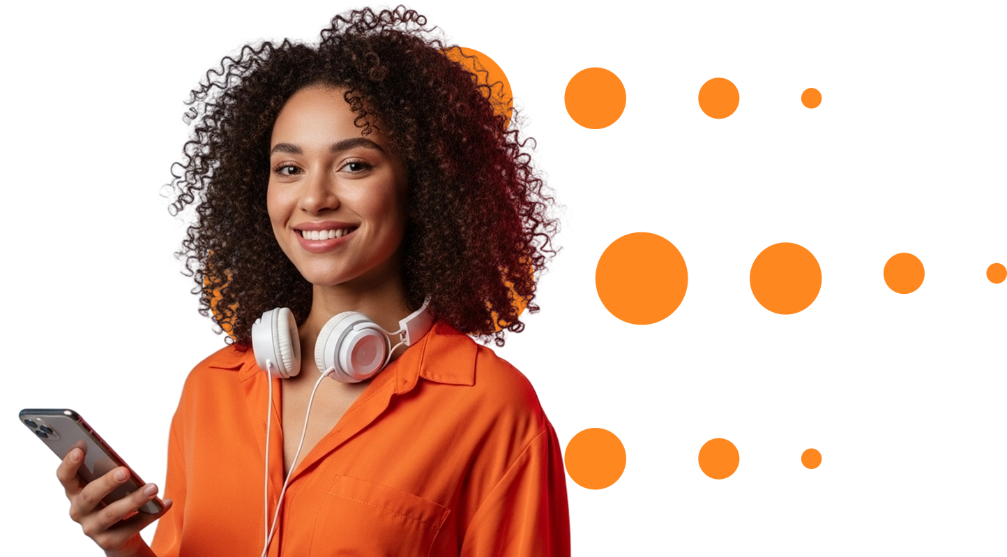 Mulher com fones de ouvido e celular